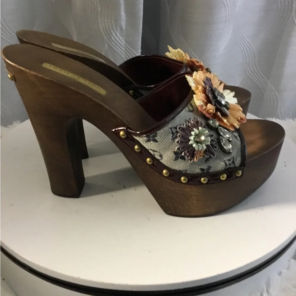 Louis Vuitton Monogram Brown and Cream Floral Platform Mules
